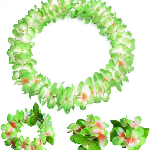 CT0048CT_1 Hawaiian Leis Set,Thickened Artificial Flower Luau Necklace Bracelet Headband Garland Lei Set for Tropical Beach Theme or Halloween Holiday Party Decoration Costume Supplies (Green)