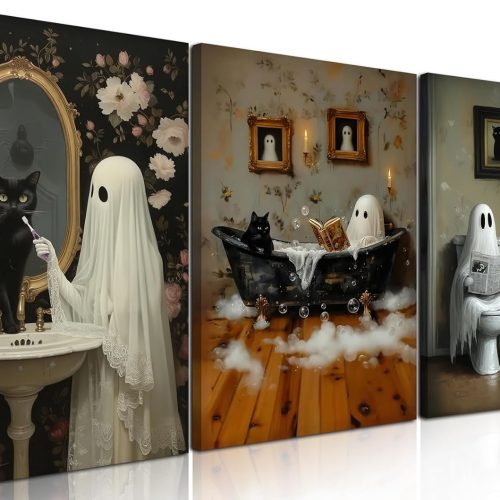 Halloween Ghost Bathroom Canvas Wall Art Set of 3, Funny Horror Ghost and Cute Black Cat in Bathtub Pictures Wall Decor, Gothic Dark Academia Paintings Prints for Toilet Dorm 16x24 inch Framed