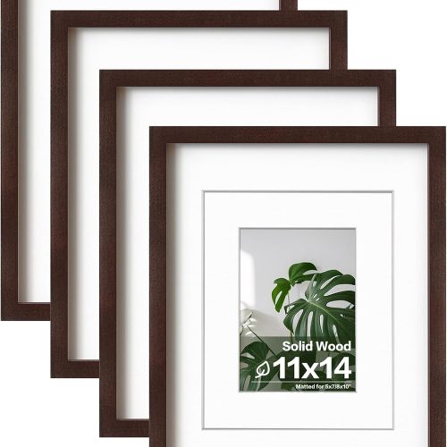 Egofine 11x14 Picture Frames Made of Solid Wood with Plexiglass, Display Pictures 5x7/8x10 with Mat or 11x14 Without Mat Set of 4 for Tabletop and Wall Mounting, Walnut Color
