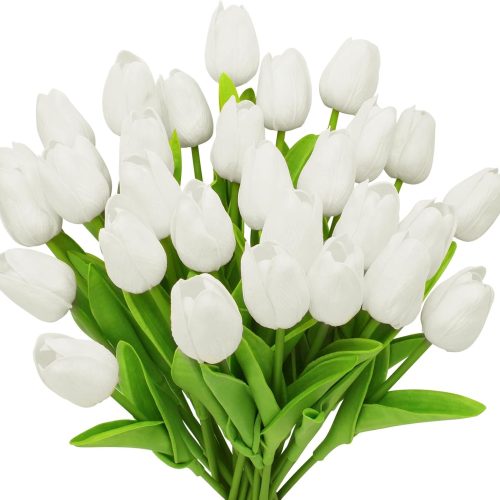 28pcs White Flowers Artificial Tulip Stems Real Feel PU Tulips for Easter Spring Wreath Wedding Bouquet Centerpiece Floral Arrangement Cemetery Table Décor 13" Tall