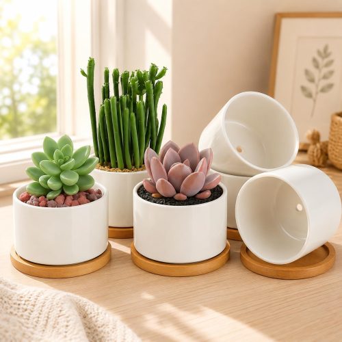 ZOUTOG 6 Pack 3.6" Ceramic Succulent Pots,White Planter with Drainage Tray