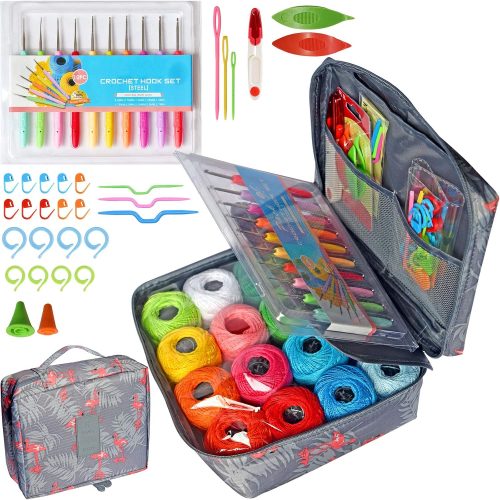 colored bird 16 Colors Crochet Thread Craft Yarn Knitting kit and Crochet kit | Includes Crochet Hooks, Weaving Needles, Locking Stitch Markers All Tool Need Perfect Beginner Kit