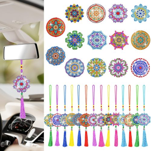 LINGFANG 14 Pcs Diamond Painting Hanging Ornaments, Double Sided Diamond Car Ornament Wind Chimes, Diamond Art Suncatcher Crystal Gem Home Decoration Paint 5D DIY Kits for Adults (Mandala)