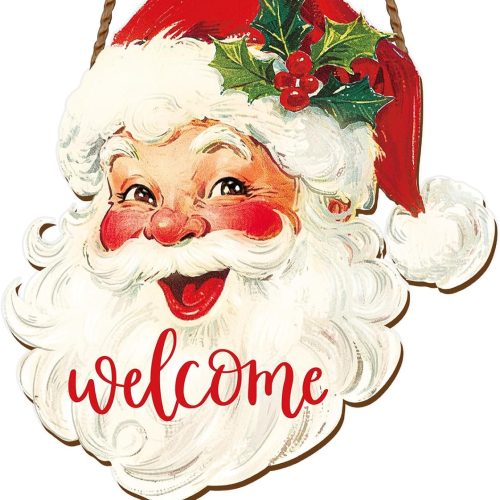 CT0402-WP-57GT_1 Whaline Christmas Wooden Hanging Sign Red Xmas Santa Welcome Wood Sign Vintage Santa Door Decor Signs for Indoor Outdoor Porch Wall