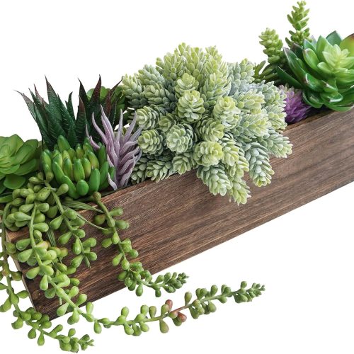 Winlyn 15" Assorted Artificial Succulent Arrangement Assorted Succulents in Rectangular Wooden Planter Faux Potted Plant for Farmhouse Table Centerpiece Windowsill Shelf Desk Mantel Greenery Décor