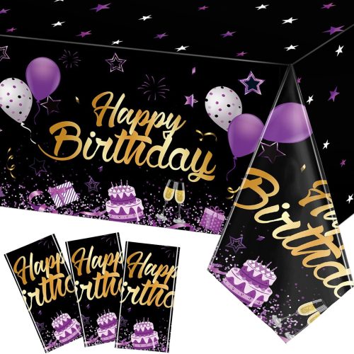 Breling 3 Pack Happy Birthday Tablecloths Decoration, Black Purple