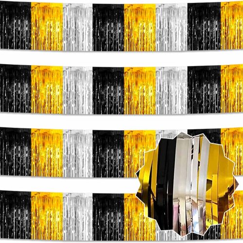 4 Pack 10 Ft Black Gold Silver Foil Fringe Garland Metallic Streamers Tinsel Banner Wall Hanging Garland Backdrop for Parade Floats, Halloween, Christmas, Thanksgiving, New Year Party Decorations