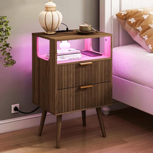 JOONEE Nightstand with Charging Station and LED Lights,Modern Bedside Table with 2 Storage Drawer and Open Wood Shelf, for Bedroom and Small Spaces,Night Stand with Solid Wood Legs,Walnut Brown