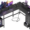 Korfile 59 inch L Shaped Computer Desk with Power Outlets, Black