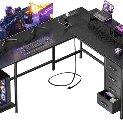 CT0425321JS_1 Korfile 59 inch L Shaped Computer Desk with Power Outlets, Black