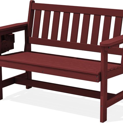 SERWALL HDPE Outdoor Bench with Foldable Cup Holder, 1 Pack, Red
