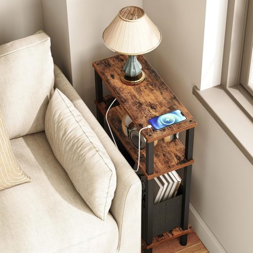 CT0425976JS_1 CHOEZON Narrow Side Table with Charging Station, Skinny End Table with Fabric Basket, Slim Nightstand for Small Spaces, Small Side Table, for Living Room, Bedroom, Rustic Brown and Black TBZ07UBF