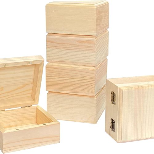 CT0426-WC-157GT_1 Cregugua 6 Pack Unfinished Wood Box Crafts Wooden Square Box with Magnetic Hinged Lid (3.5 x 3.5 x 1.9 In)