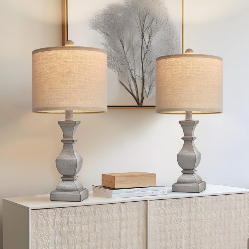 PoKat 20.5'' Table Lamps Set of 2, Vintage Bedside Lamps for Bedroom, Farmhouse Lamp for Living Room, Small Lamp for Nightstand, Retro Side Table Lamp, Grey