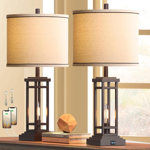 CT0426090JS_1 ROTTOGOON 27.5 Tall Farmhouse Table Lamps with USB C + USB A Charge Ports, Rustic Living Room Lamps Set of 2, Black Industrial End Table Lamp for Bedroom Living Room Nightstand (Oil-Rubbed Bronze)