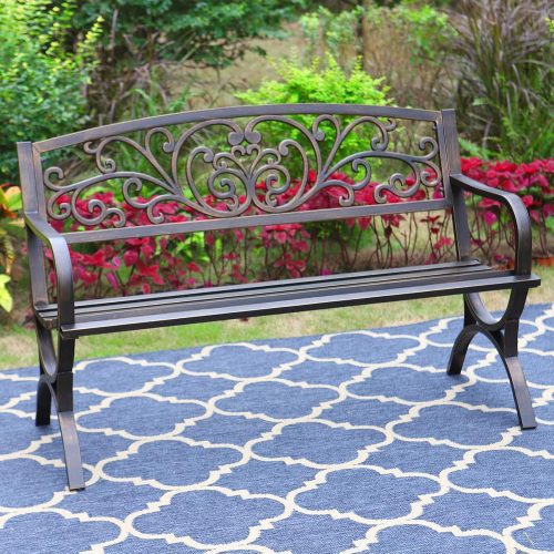 CT0426215JS_1 MFSTUDIO 50 Inches Outdoor Garden Bench Cast Iron Metal Frame Floral Bronze