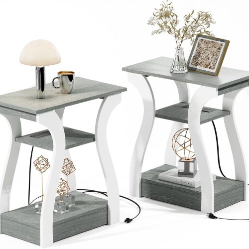FROMJBEST End Tables Living Room Set of 2 with Charging Station, Grey