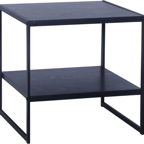 Household Essentials Square Side End Table with Storage Shelf, Oak Wood Grain and Black Metal Frame, Black