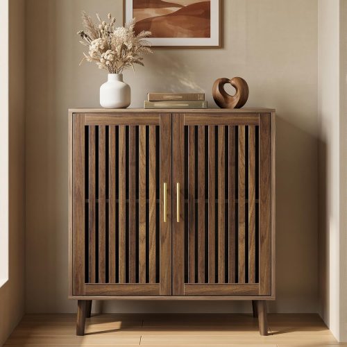 CT0427072JS_1 Smart FENDEE Sideboard Cabinet, 31.5" W Farmhouse Buffet Cabinet with Slatted Doors & Adjustable Shelf, Wood Coffee Bar Storage Station for Kitchen, Dining Room, Living Room, Entryway, Walnut Color