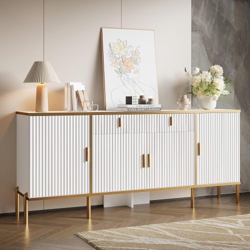 CT0429133JS_1 oneinmil 60" Fluted Sideboard Buffet Cabinet, Modern Buffets & Sideboard with Adjustable Shelves, Accent Cabinet with Storage for Kitchen, Living Room, White