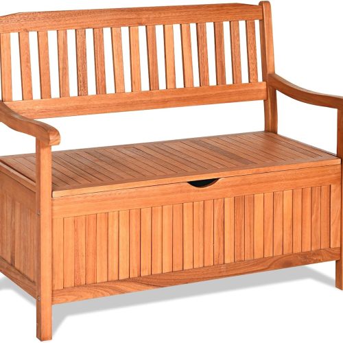 HAPPYGRILL Outdoor Storage Bench Wooden Deck Box with Removable Dustproof Liner, 33 Gal Wood Storage Loveseat Seating Furniture for Courtyard Garden Poolside