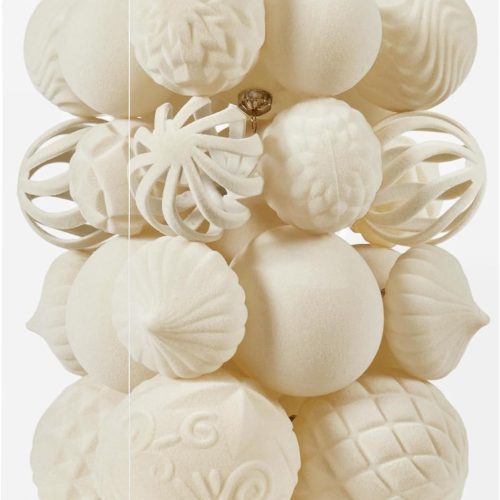 CT0434387JS_1 30pcs Velvet Christmas Ball Ornaments, Flocked Shatterproof Christmas Ornaments Hanging Xmas Tree Decorations Set for Home Party Holiday Decor (Multi-Size, Cream)