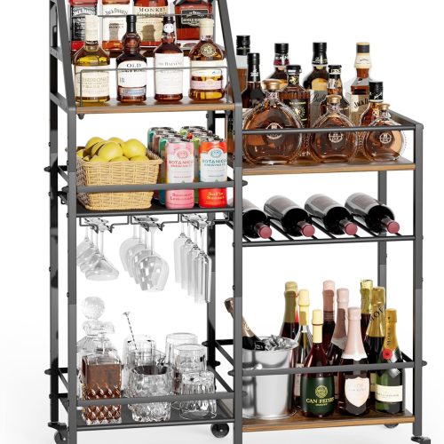 VINAEMO Rolling Bar Cart with Wine Glass Holder, Bar Carts for The Home, Bar Stand for Home, Small Mini Bar for Whiskey Wine, Liquor Cart for Home Bar, Alcohol Cabinet for Bar, Kitchen, Dining Room