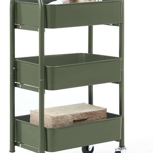 CT0438670JS_1 SunnyPoint 3-Tier Delicate Compact Rolling Metal Storage Organizer - Mobile Utility Cart Kitchen/Under Desk Cart with Caster Wheels - Army (15.35" X 10.24" X 26.8"H)