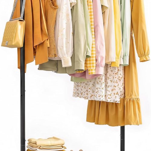 CT0438818JS_1 Sakugi Clothes Rack - Clothing Rack with Storage Mesh Shelf & Casters, Heavy-Duty Metal Clothing Rack for Hanging Clothes, Dresses, Coats, Large Load Capacity, Easy Assembly, Black, 28.0"x16.9"x59.0"