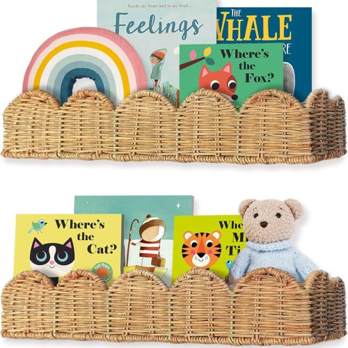 CT0439175JS_1 VIVIKA Nursery Book Shelves, Natural Rattan Scalloped, 15.8" W, Set of 2