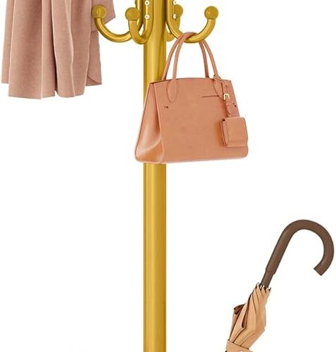 FAVOOSTY Coat Rack Freestanding,Coat Rack Stand with Umbrella Holder,Metal Coat Tree with 12 Hooks,Tree Clothes Hat for Entryway, Hallway, Bedroom, Living Room & Office, Gold