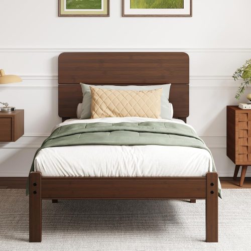 BOSRII 14" Twin XL Bamboo Wood Platform Bed Frame with Headboard, Walnut