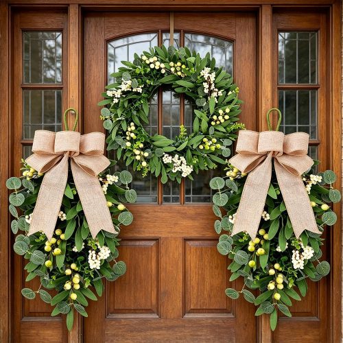 CT0439459JS_1 3 PCS Artificial Green Eucalyptus Wreaths for Front Door Spring Summer Greenery Teardrop Swag with Eucalyptus Leaves Olives Mixed Berry for Indoor Outdoor Farmhouse Home Wall Festival Wedding Decor