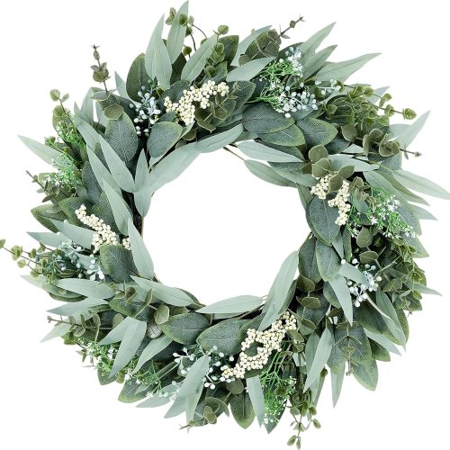 Garvee 20 in Artificial Eucalyptus Wreath for Front Door, White & Green