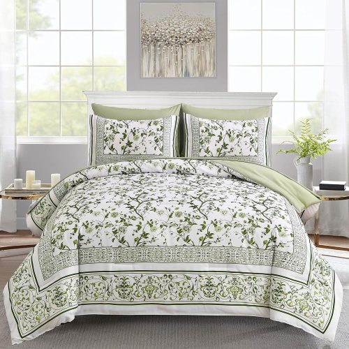 CT0440033JS_1 Dobuyly Floral Queen Comforter Set, 7 Piece Bed in a Bag Queen Size Sage Green Flowers on White Botanical Bedding Set, Soft Microfiber Bedding Comforter Sets with Sheets for All Season