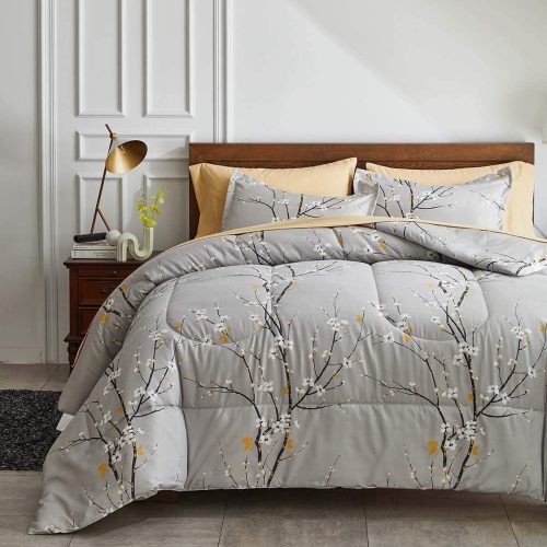 CT0440040JS_1 Gray Comforter Sheet Set Bed in a Bag 7 Pieces Queen Size Tree Branch Bloom Flower Spring Summer Bedding Set (1 Comforter 2 Pillow Shams 1 Tan Flat Sheet 1 Fitted Sheet 2 Pillowcases) Queen