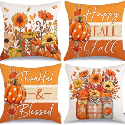 GEEORY Fall Sunflower Pumpkin Thanksgiving Pillow Covers 18x18 Set of 4