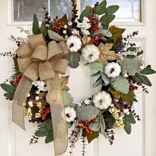 24 Inch Neutral Fall Wreath for Front Door with White Pumpkins & Bow