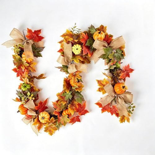 CT0440614JS_1 HipTree 6FT Fall Garland with Maple Leaves Pumpkins Burlap Bows Berries
