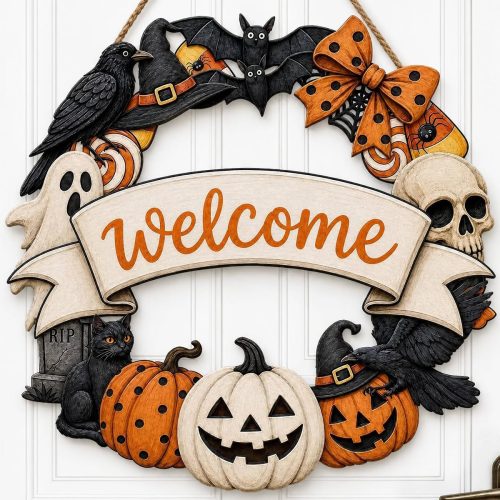 Halloween Welcome Wreath for Front Door Wooden Pumpkin Ghost Door Decor