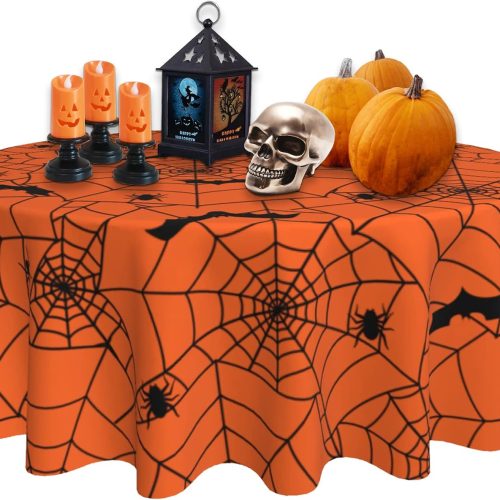 CT0440972JS_1 Halloween Spider Web Tablecloth 60 Inch Round Orange Black Bat Spider Decor