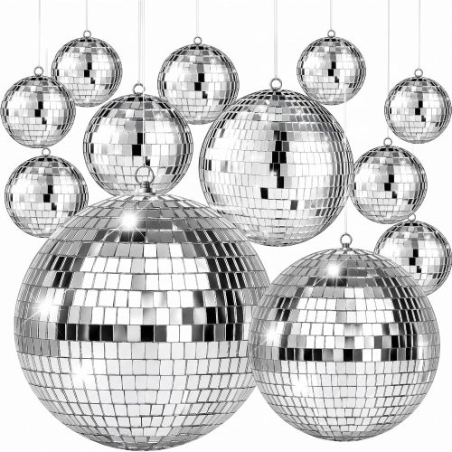 CT0441026JS_1 Libima 12 Pcs Silver Mirro Disco Ball Set, Multi Size, 12'', 8'', 6'', 4''