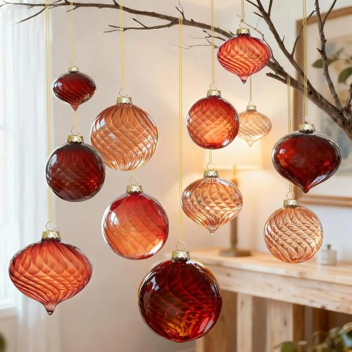 Brown Glass Christmas Ornaments, 12-Pc Vintage Ball & Onion Shapes for Tree