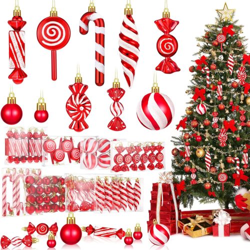 96 Pcs Christmas Tree Ornaments Red and White Candy Ball Ornament