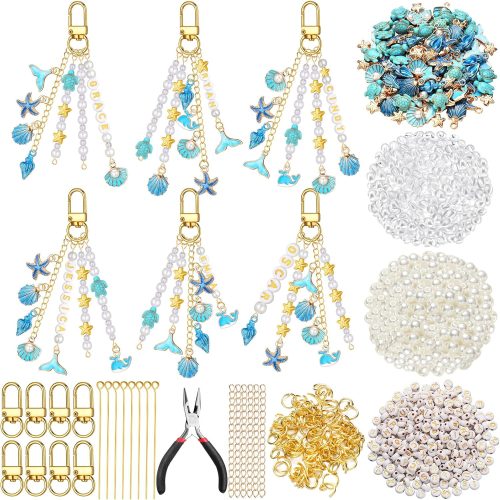 Cunno 776 Pcs Seashell Charms, Bag Keychain Jewelry Making Kit, Blue Gold