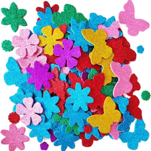 CT0508-FRT-51GT_1 Glitter Foam Flower and Butterfly Shapes Stickers, Self-Adhesive Stickers Kid's Arts Crafts Supplies for Greeting Cards DIY Scrapbooking Cards Creative Toys Home Decoration (Random Colors)