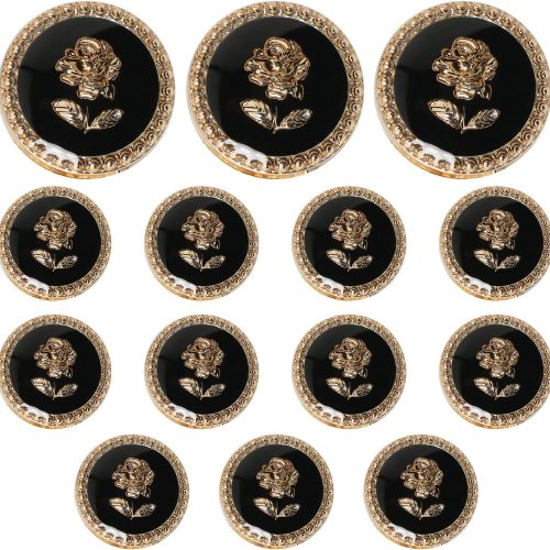 14pcs Vintage Rose Button 15mm Metal Enamel Suit Button Flower Buttons for Needlework Clothing Women Dress Coat Suit Cardigan Sewing Button, Black and Gold