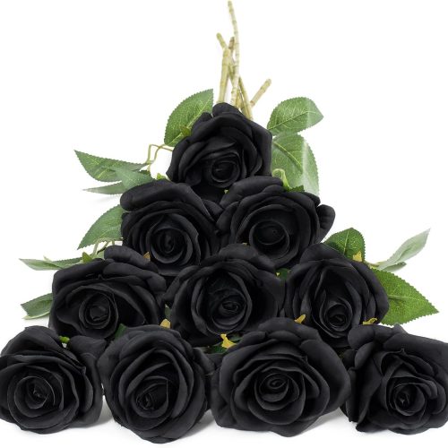 DuHouse 10pcs Fake Roses Artificial Silk Flowers Faux Rose Black