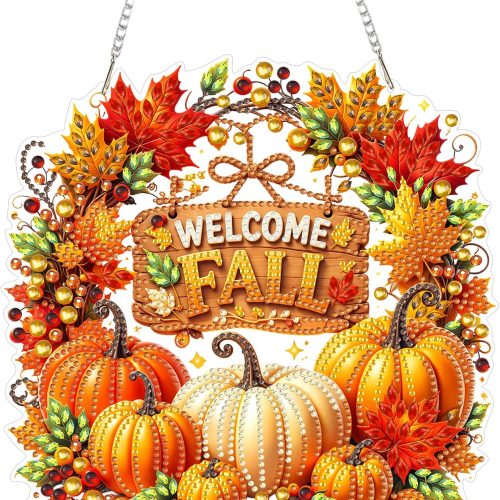 CT0520-PBN-131GT_1 Eiflow Acrylic Diamond Art Hanging Kit for Adults Fall Wreath, DIY Diamonds Painting Door Hanger Board Kit, Special Crystal Diamond Art Painting Pendant Ornament (Welcome Sign)