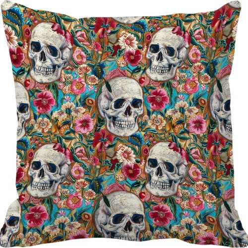 Spooky Skull Faux Embroidery Print 18x18 Inch Throw Pillow Cover, Faux Embroidered Skeleton Floral Flower Decorative Cushion Case, Fall Autumn Halloween Home Room Couch Decor Soft Pillowcase